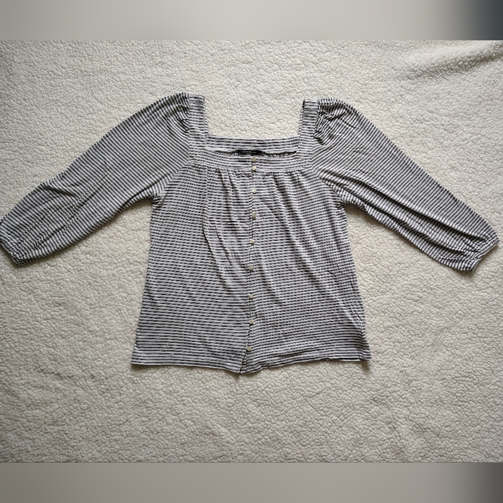 Lucky Brand Black and White Striped Square-Neck Button Front Top